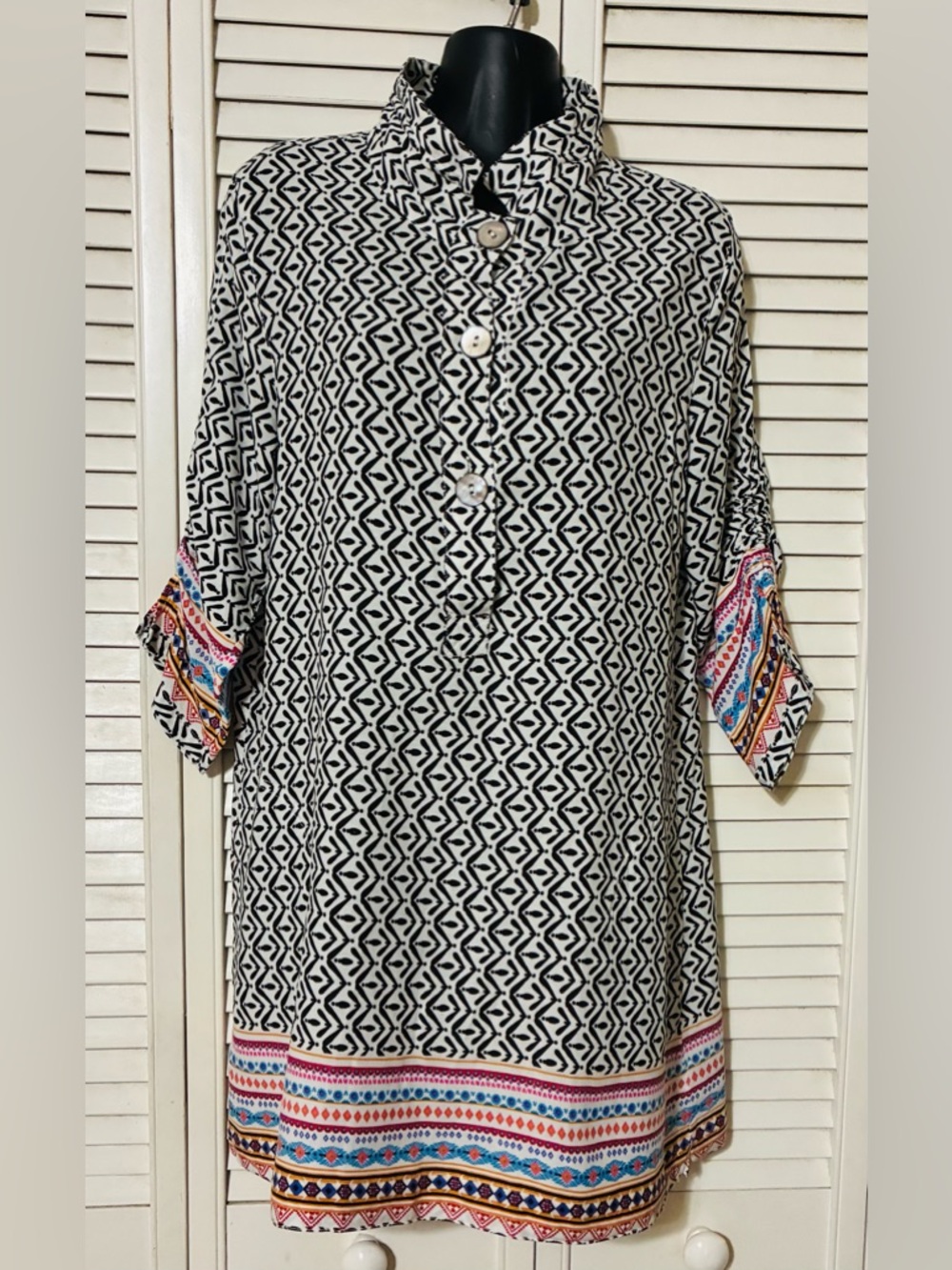John Mark Black & White Geometric Tunic with Multicolor Trim